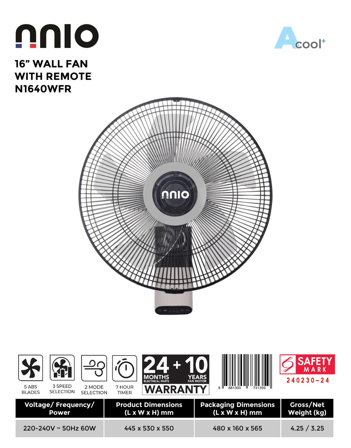 NNIO N1640WFR Remote Wall Fan 16 Inch