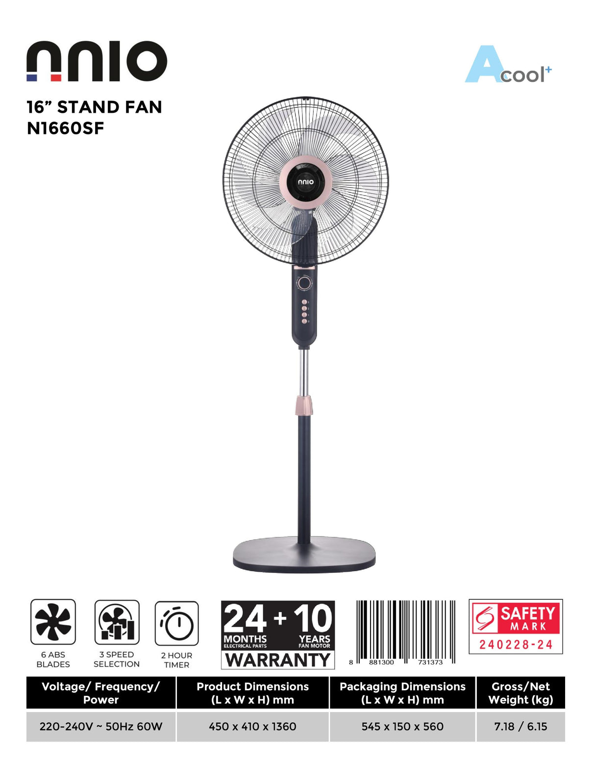 NNIO N1660SF Stand Fan 16 Inch