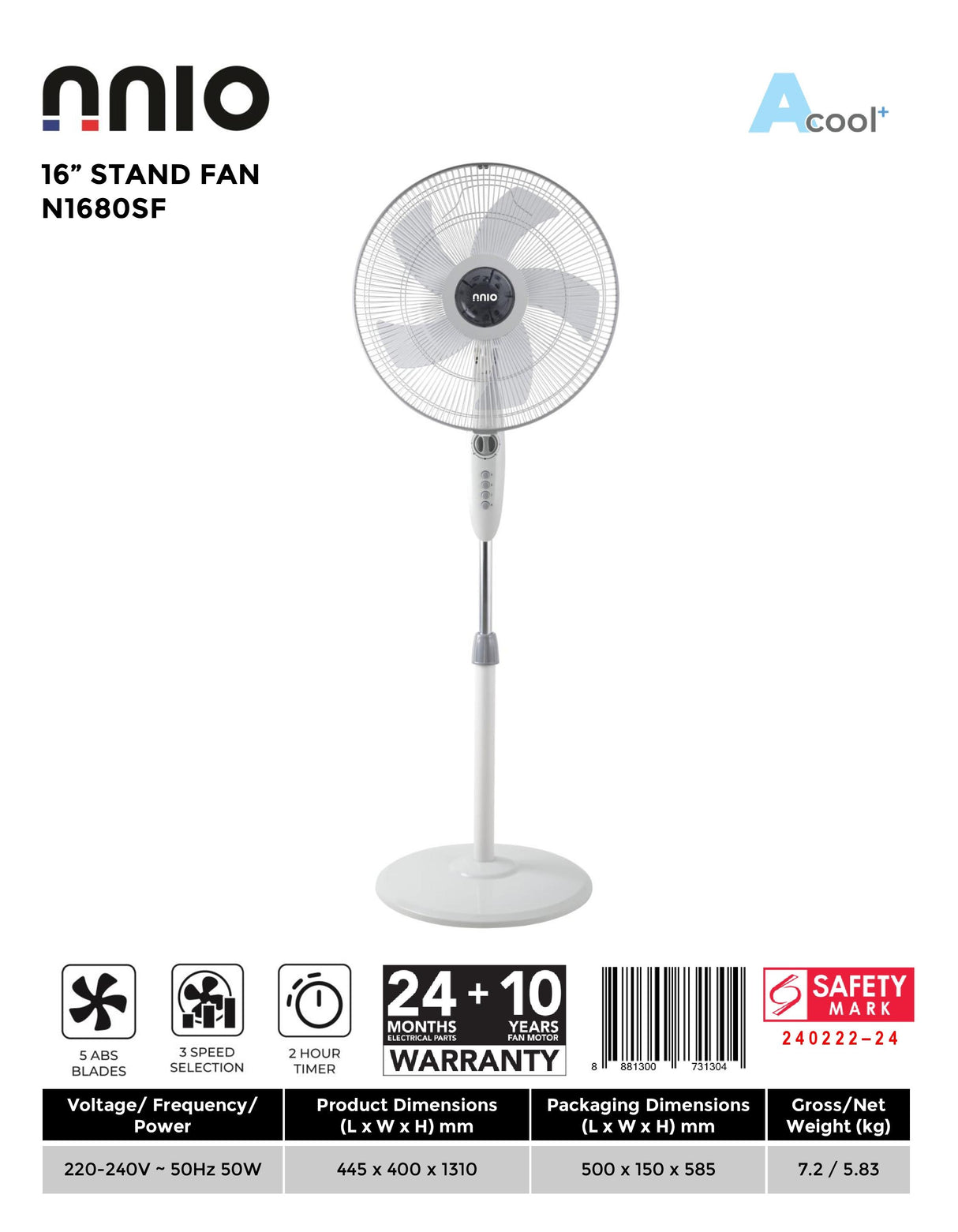 NNIO N1680SF Stand Fan 16 Inch