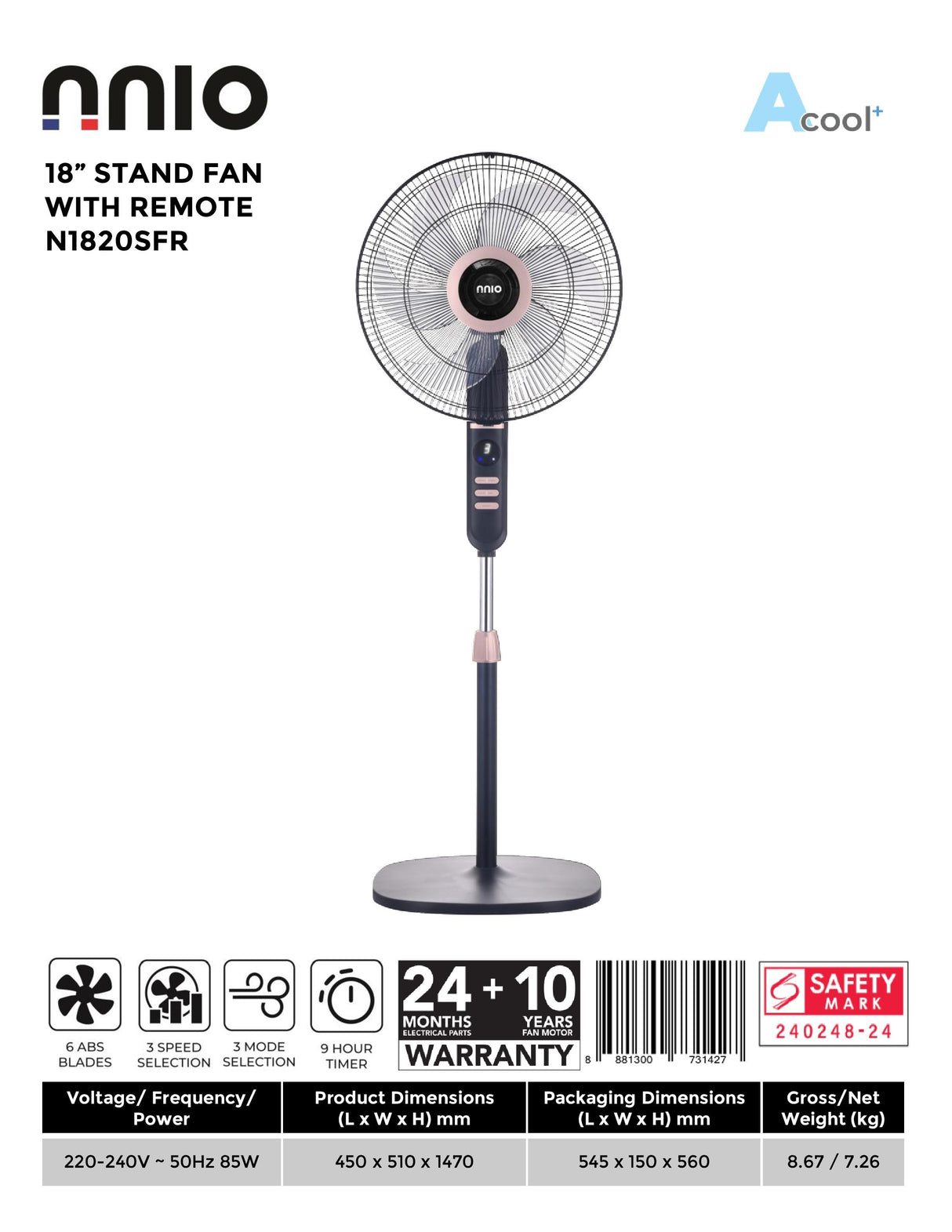 NNIO N1820SFR Remote Stand Fan 18 Inch