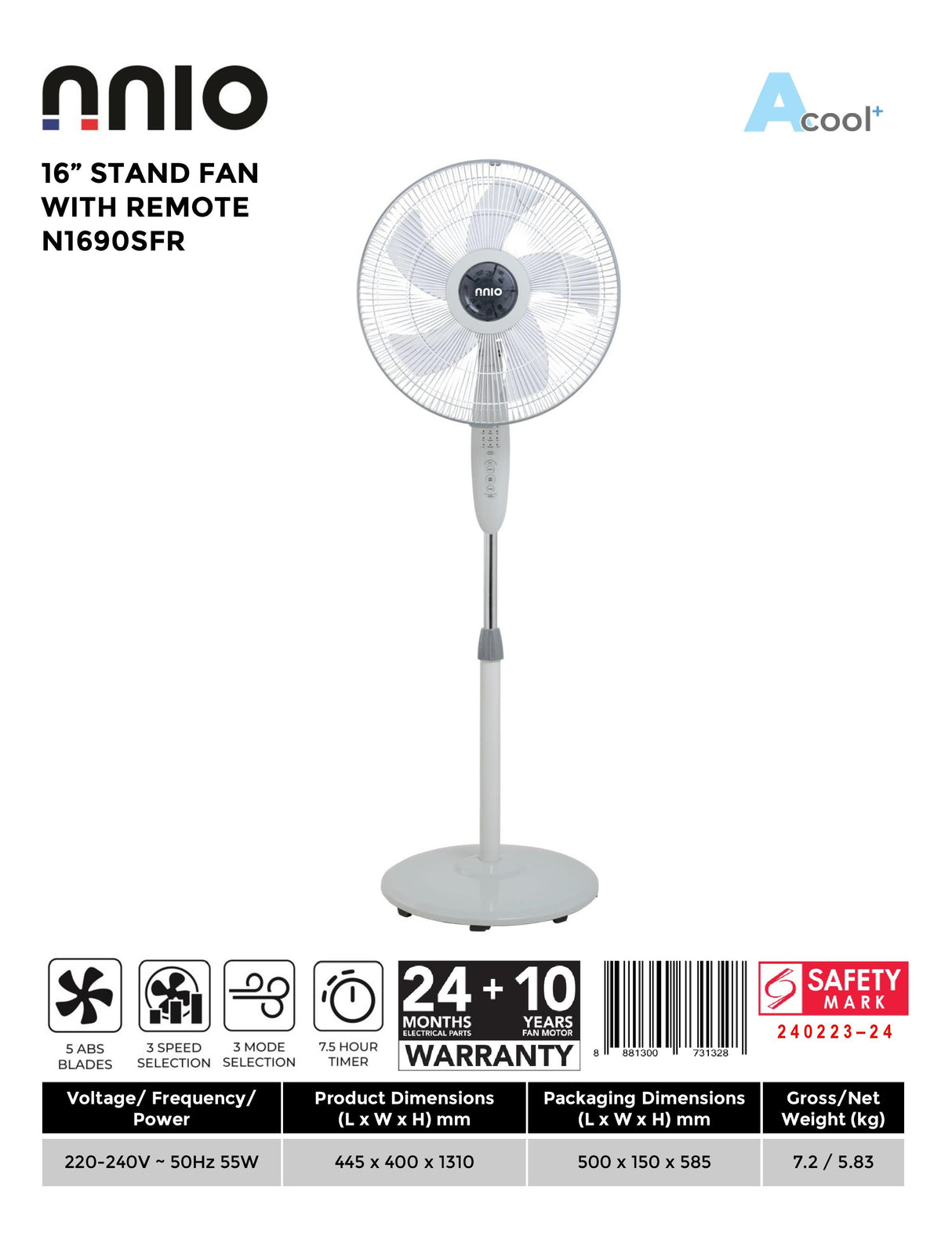 NNIO N1690SFR Remote Stand Fan 16 Inch