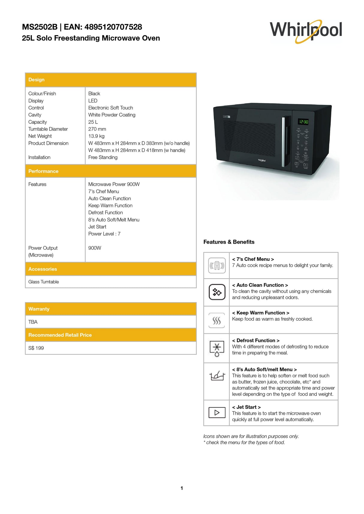 Whirlpool MS2502B Solo Freestanding Microwave Oven 25L