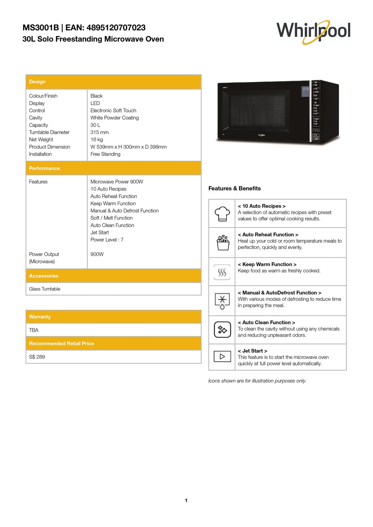 Whirlpool MS3001B Solo Freestanding Microwave Oven 30L