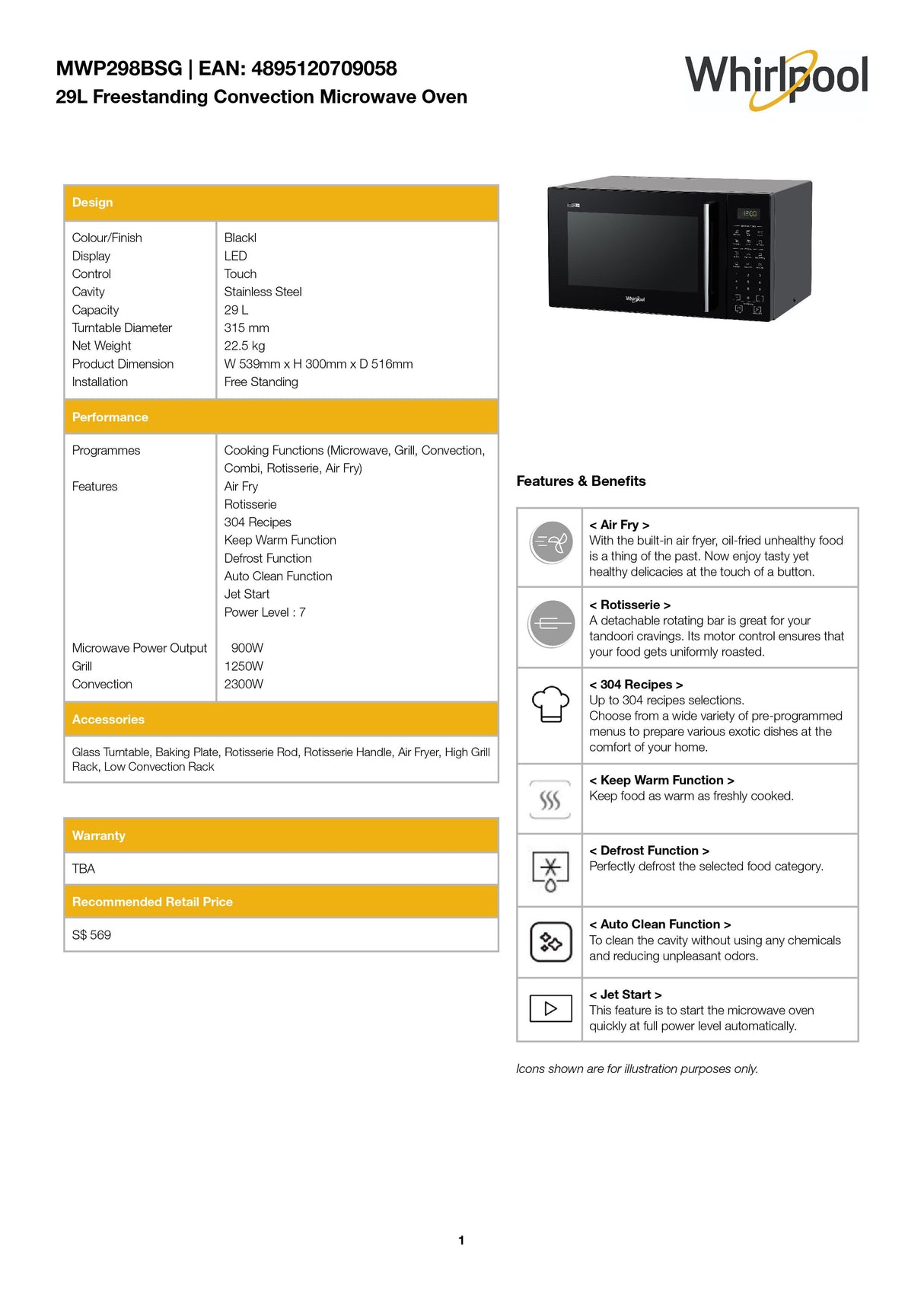 Whirlpool MWP298BSG Freestanding Convection Microwave Oven Combi with AirFry 29L