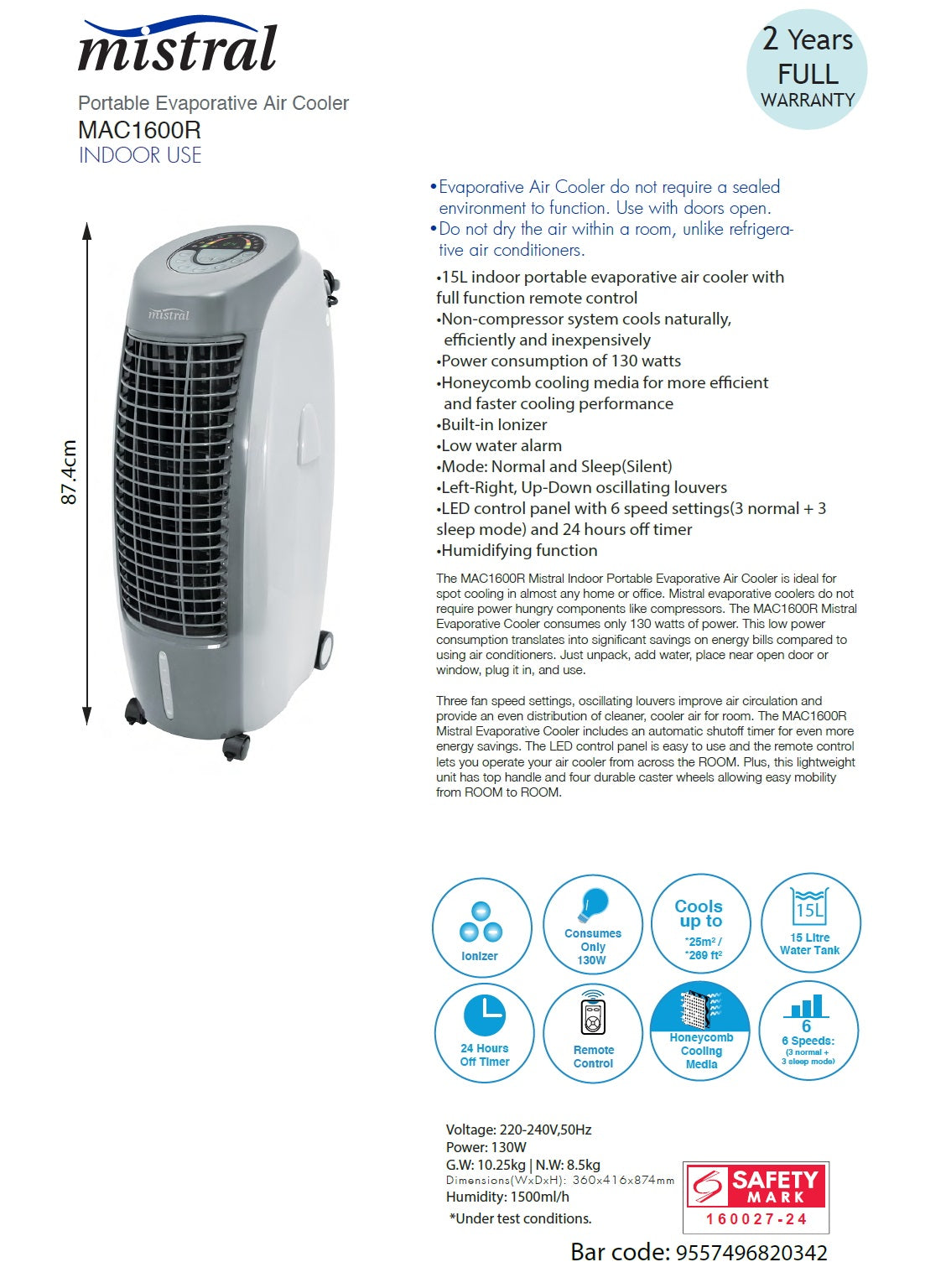 Mistral MAC1600R Remote Air Cooler with Ionizer Function 15L