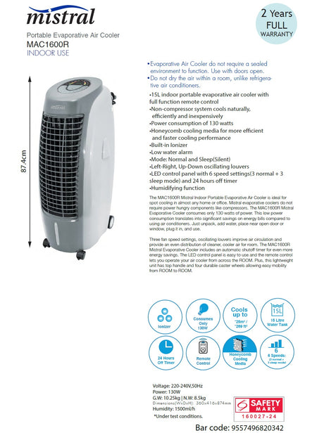 Mistral MAC1600R Remote Air Cooler with Ionizer Function 15L