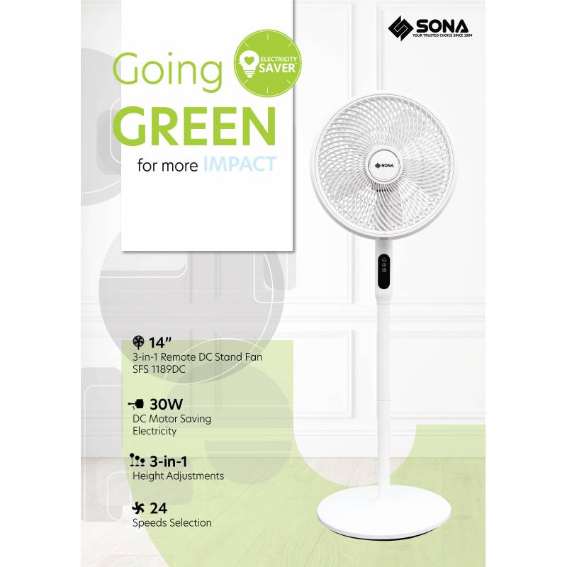 Sona SFS 1189DC 3 -in-1 Remote DC Stand Fan 14 Inch