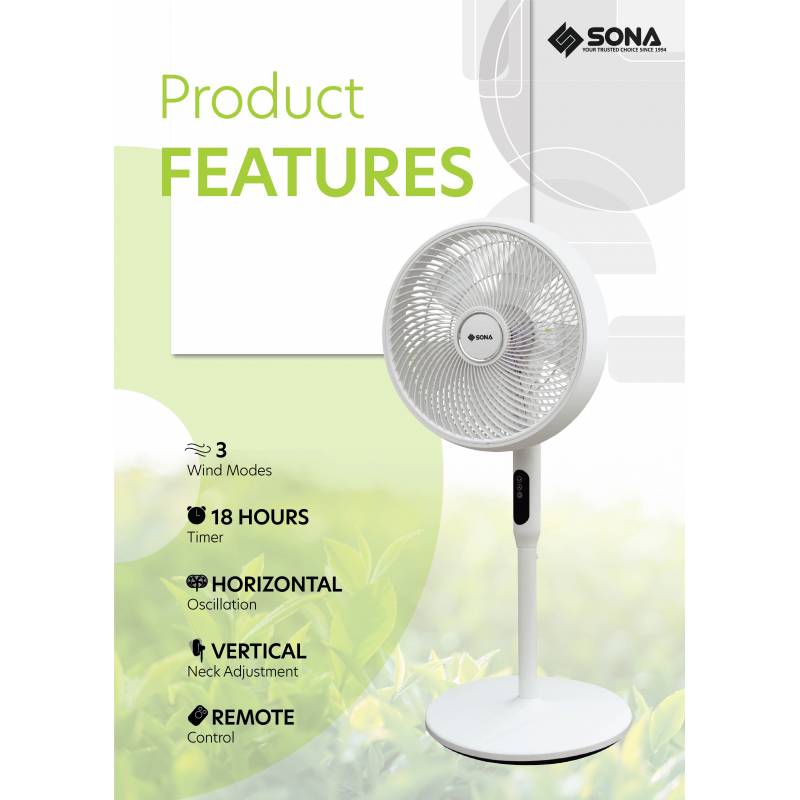 Sona SFS 1189DC 3 -in-1 Remote DC Stand Fan 14 Inch