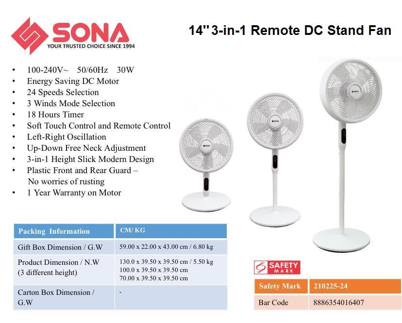 Sona SFS 1189DC 3 -in-1 Remote DC Stand Fan 14 Inch