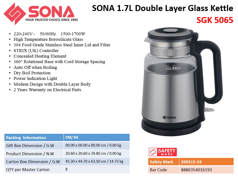 Sona SGK 5065 Double Layer Glass Kettle 1.7L