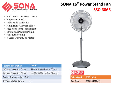 Sona SSO 6065 Power Stand Fan 16 Inch