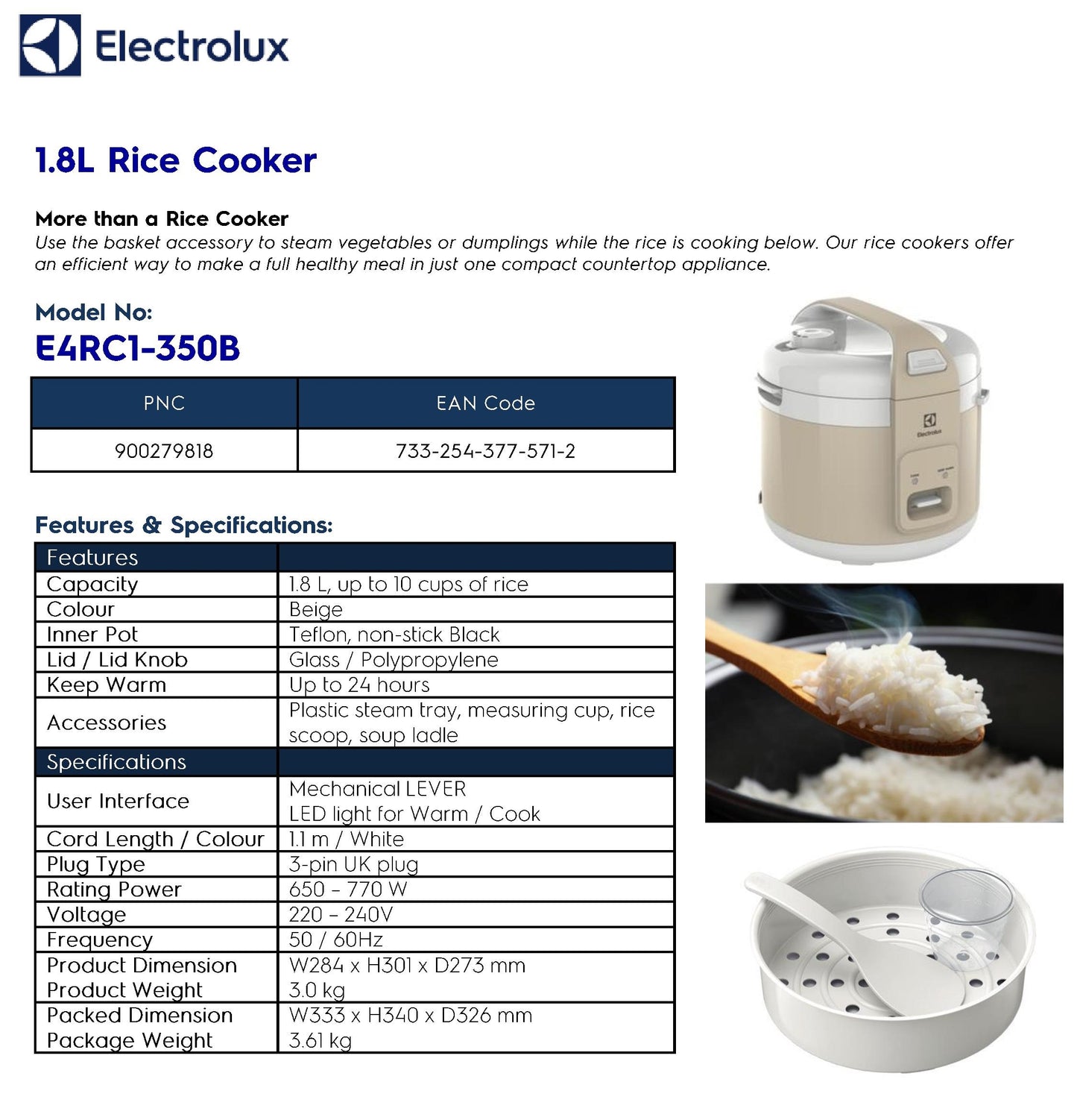 Electrolux E4RC1-350B Rice Cooker 1.8L
