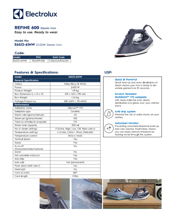 Electrolux E6SI3-61NW Steam Iron 2400W