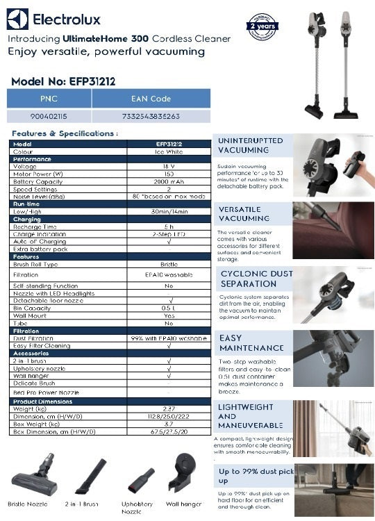 Electrolux EFP31212 UltimateHome 300 Hand Stick Vacuum 18V