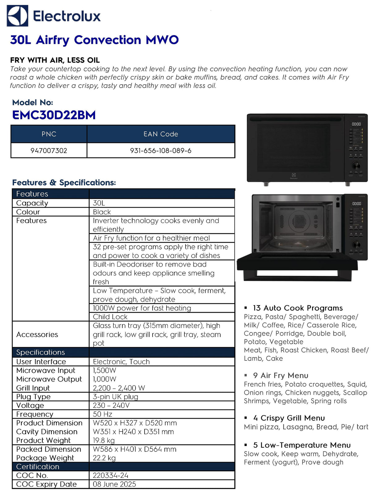 Electrolux EMC30D22BM Airfry Convection Microwave Oven 30L