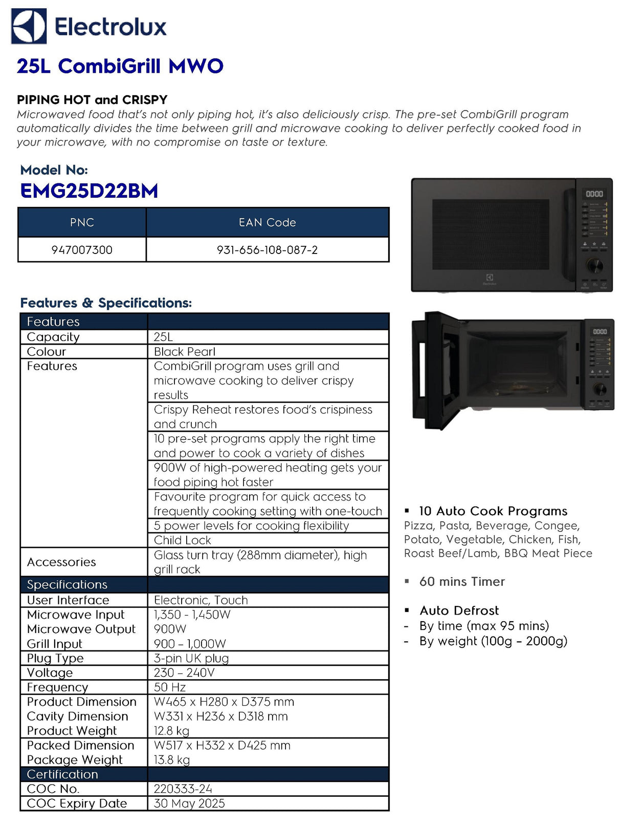 Electrolux EMG25D22BM CombiGrill Microwave Oven 25L