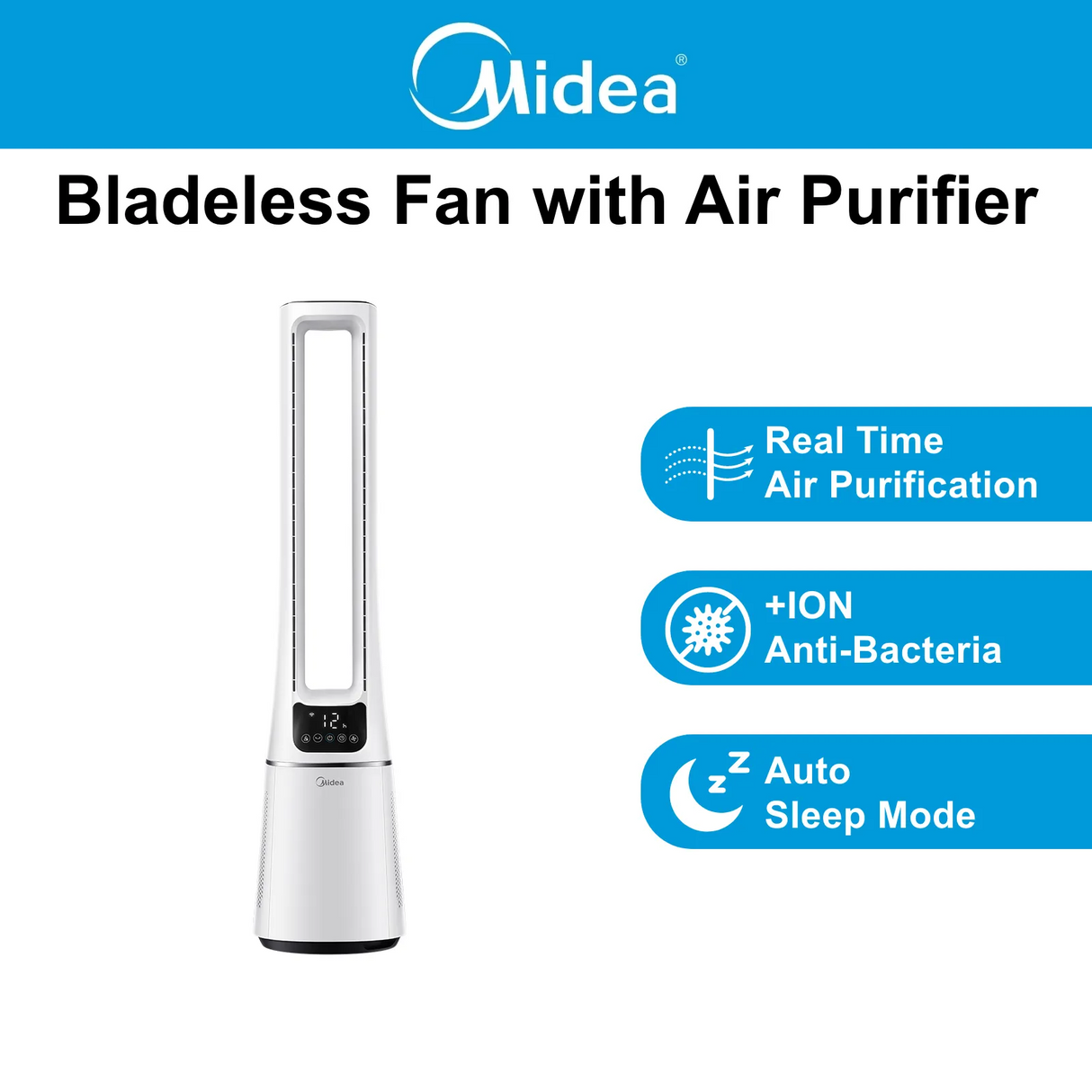 Midea MAM060CPAPWH | MAM060CPBPBH Remote DC Motor Bladeless Fan with Air Purifier - 2 Color Options
