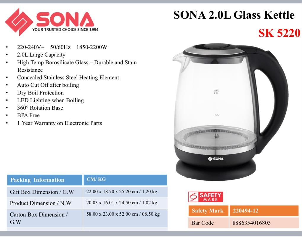 Sona SK 5220 Glass Kettle 2L